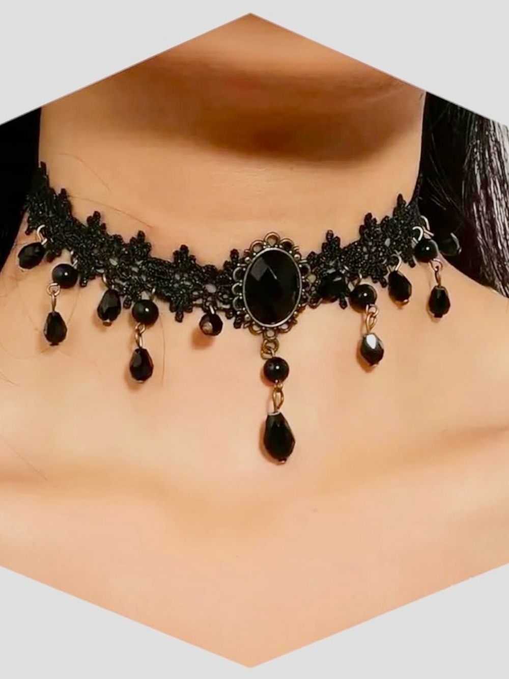 Gothic Victorian Style Black Lace Beaded Choker Necklace